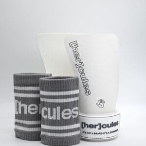 [her]cules Invictus Grips i vitt och grått med grå och vita bambu-wristbands